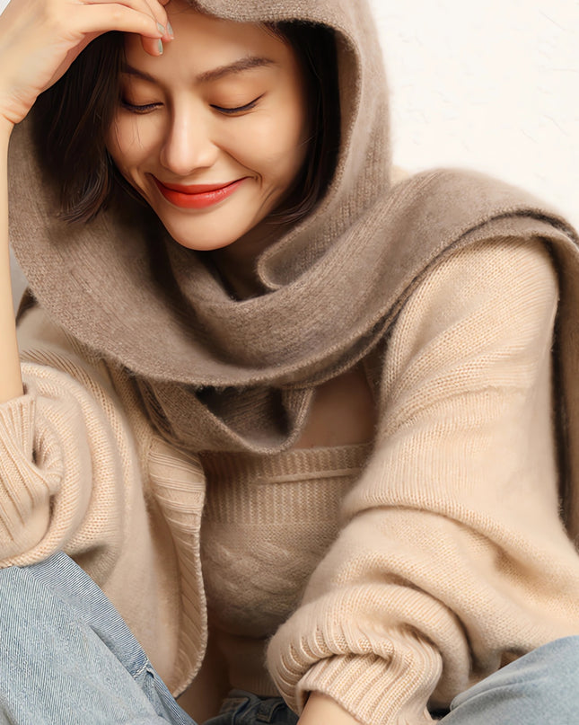 100% Luxary Cashmere  7G  fluffy hooded Shawl , Solid Color With Brioche Stitch Design, Easily to wear outside