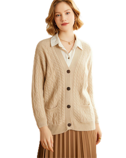 100%  Pure Light Luxury  Cashmere Cable V- Neck Cardigan, Women's Knitted Temperament Loose-Fitting  Outside Wear, Solid Color Daily Wear Sweater