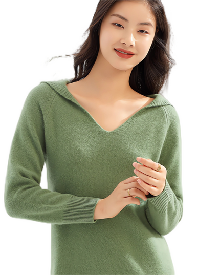 100% Pure Medium-Long Hooded Cashmere Sweater, Women's Temperament Casual Hoodie, Daily Wear Knitted Cashmere Sweater