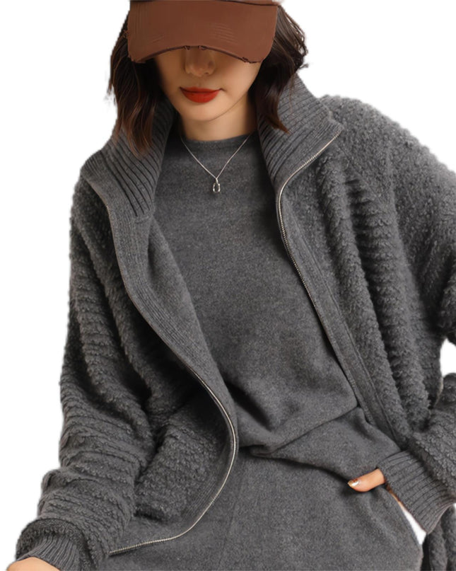 2023 New Autumn  Winter 100% Cashmere Women's Embroidered Stand Collar Zip Sweater,Solid color full zipper Cardigan,Thick Cardigan Sweater