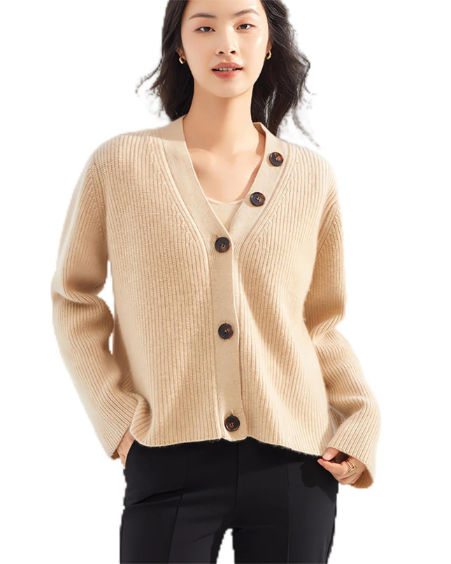 100% Pure Cashmere of Solid Color With Single-Breasted Sweater, Women V-Neck Cardigan ,Casual Thickened Knitted Loose Sweater