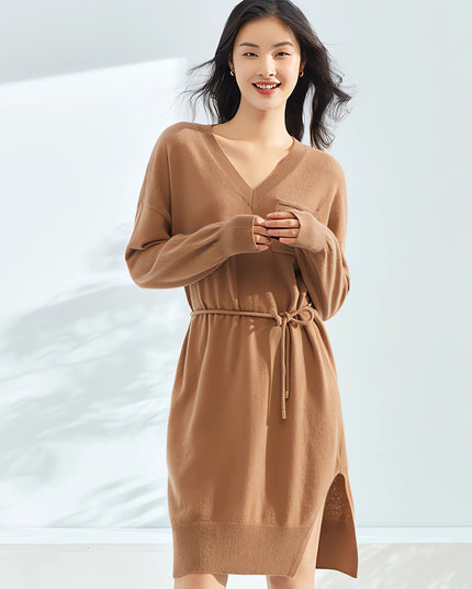 Autumn and Winter Light Luxury Pure Cashmere Dress Women's Medium-Length Casual Pullover Knitted Temperament Loose Solid Color Cashmere Sweater