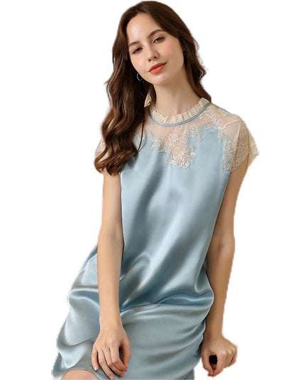 2023 HotSale 100% Mulberry Silk Women's Pajamas, Summer Sweet Lace Short Sleeve Dress