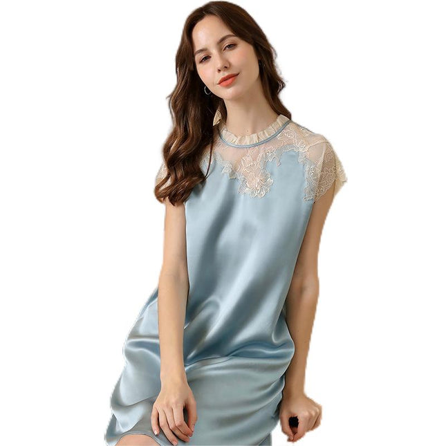 2023 HotSale 100% Mulberry Silk Women's Pajamas, Summer Sweet Lace Short Sleeve Dress