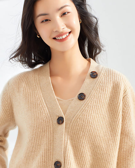 100% Pure Cashmere of Solid Color With Single-Breasted Sweater, Women V-Neck Cardigan ,Casual Thickened Knitted Loose Sweater