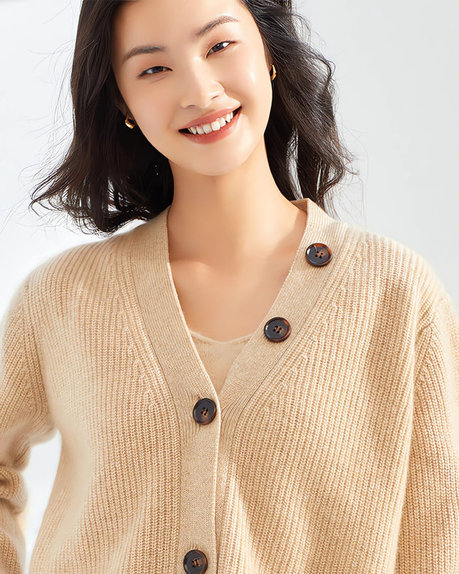 100% Pure Cashmere of Solid Color With Single-Breasted Sweater, Women V-Neck Cardigan ,Casual Thickened Knitted Loose Sweater