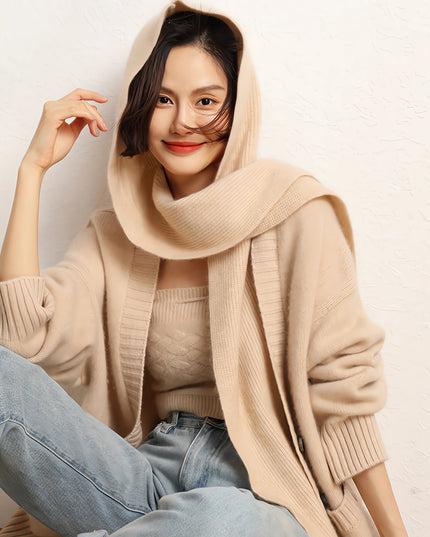 100% Luxary Cashmere  7G  fluffy hooded Shawl , Solid Color With Brioche Stitch Design, Easily to wear outside