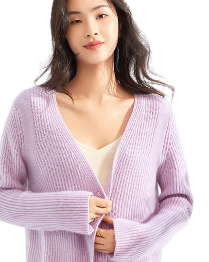 100% Pure Autumn  Generous  Cashmere Knitted Cardigan, Women's Long V-Neck Single-Breasted temperament,  Versatile Cashmere Sweater