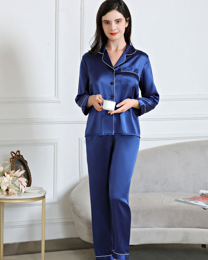 100% Silk Women's Fashion Silk Pajamas, Women's Long Sleeves & Pants Sets, Loose Sexy Home Wear