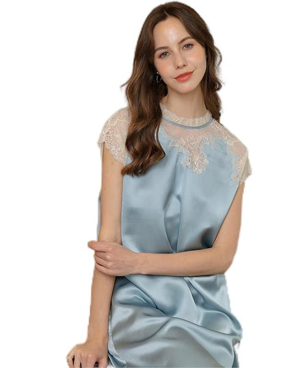 2023 HotSale 100% Mulberry Silk Women's Pajamas, Summer Sweet Lace Short Sleeve Dress