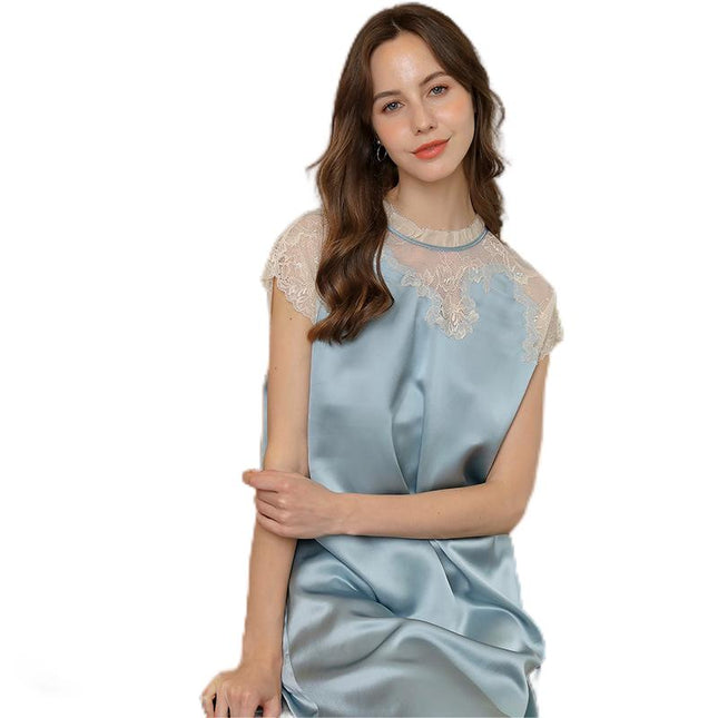 2023 HotSale 100% Mulberry Silk Women's Pajamas, Summer Sweet Lace Short Sleeve Dress