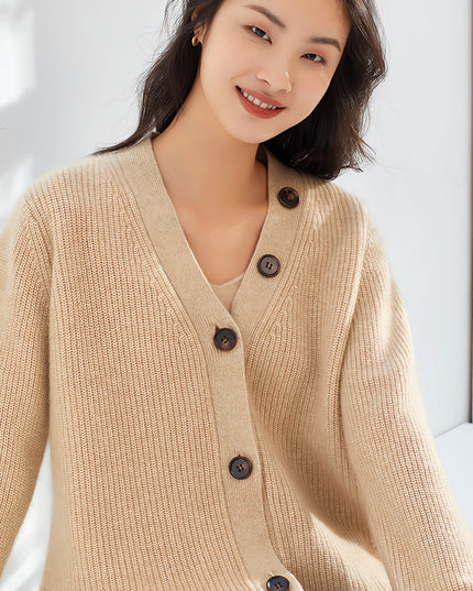 100% Pure Cashmere of Solid Color With Single-Breasted Sweater, Women V-Neck Cardigan ,Casual Thickened Knitted Loose Sweater