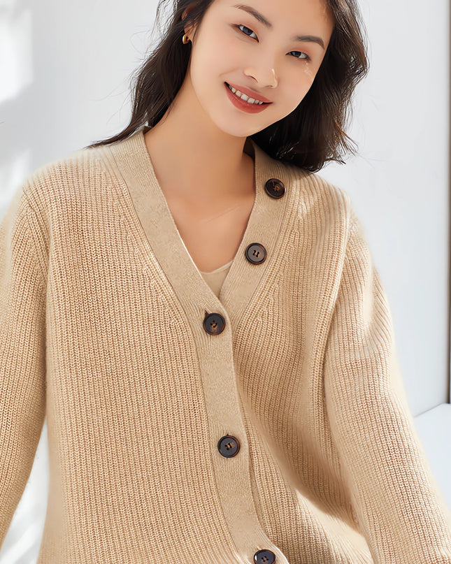 100% Pure Cashmere of Solid Color With Single-Breasted Sweater, Women V-Neck Cardigan ,Casual Thickened Knitted Loose Sweater