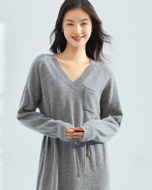 Autumn and Winter Light Luxury Pure Cashmere Dress Women's Medium-Length Casual Pullover Knitted Temperament Loose Solid Color Cashmere Sweater