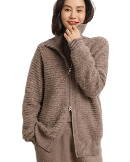 2023 New Autumn  Winter 100% Cashmere Women's Embroidered Stand Collar Zip Sweater,Solid color full zipper Cardigan,Thick Cardigan Sweater