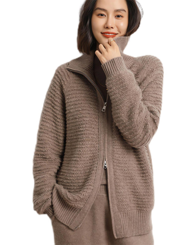 2023 New Autumn  Winter 100% Cashmere Women's Embroidered Stand Collar Zip Sweater,Solid color full zipper Cardigan,Thick Cardigan Sweater