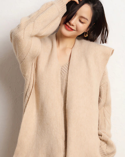 100% Luxary Cashmere  7G  fluffy hooded Shawl , Solid Color With Brioche Stitch Design, Easily to wear outside