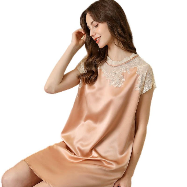 2023 HotSale 100% Mulberry Silk Women's Pajamas, Summer Sweet Lace Short Sleeve Dress