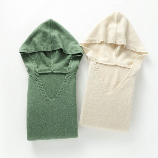 100% Pure Medium-Long Hooded Cashmere Sweater, Women's Temperament Casual Hoodie, Daily Wear Knitted Cashmere Sweater