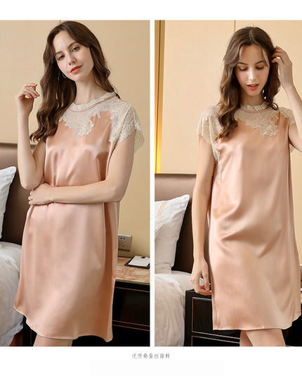 2023 HotSale 100% Mulberry Silk Women's Pajamas, Summer Sweet Lace Short Sleeve Dress