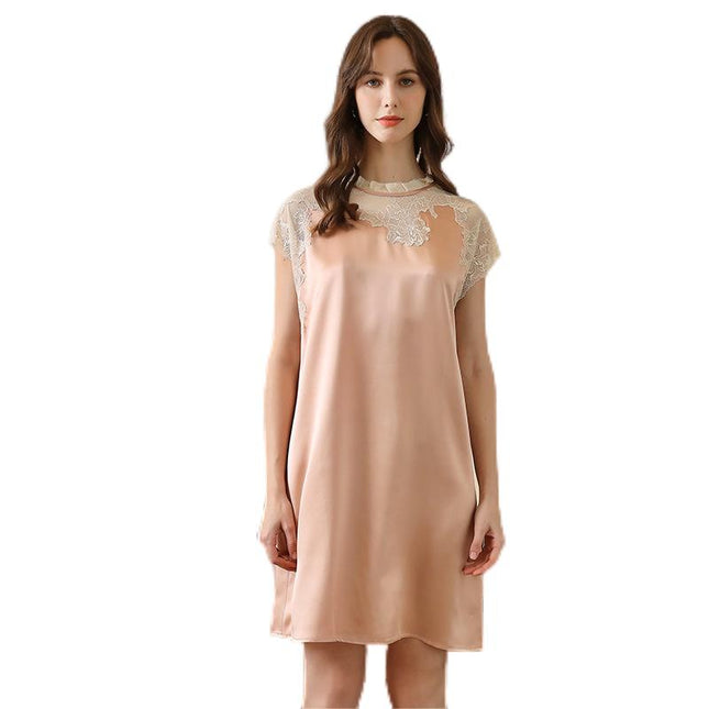 2023 HotSale 100% Mulberry Silk Women's Pajamas, Summer Sweet Lace Short Sleeve Dress