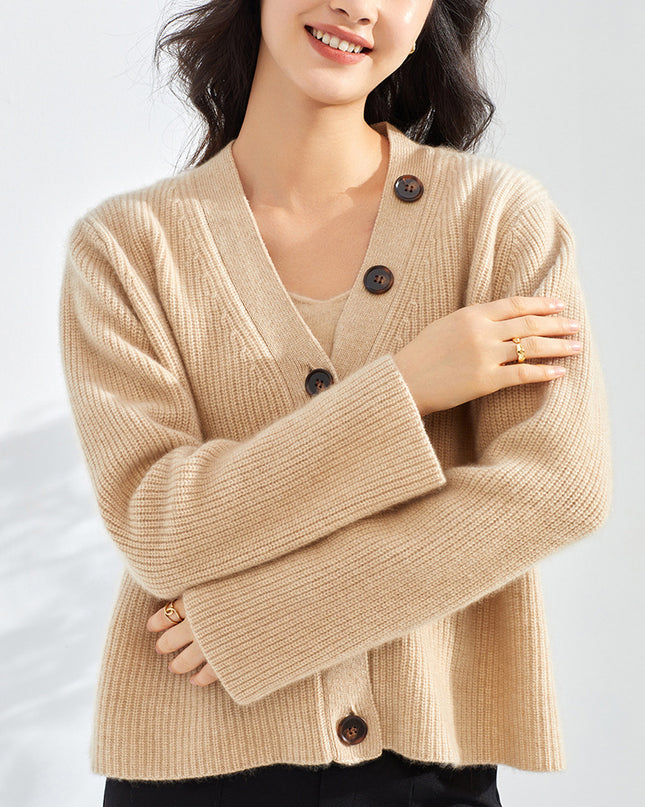 100% Pure Cashmere of Solid Color With Single-Breasted Sweater, Women V-Neck Cardigan ,Casual Thickened Knitted Loose Sweater