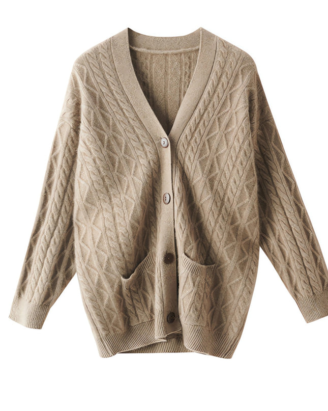 100%  Pure Light Luxury  Cashmere Cable V- Neck Cardigan, Women's Knitted Temperament Loose-Fitting  Outside Wear, Solid Color Daily Wear Sweater