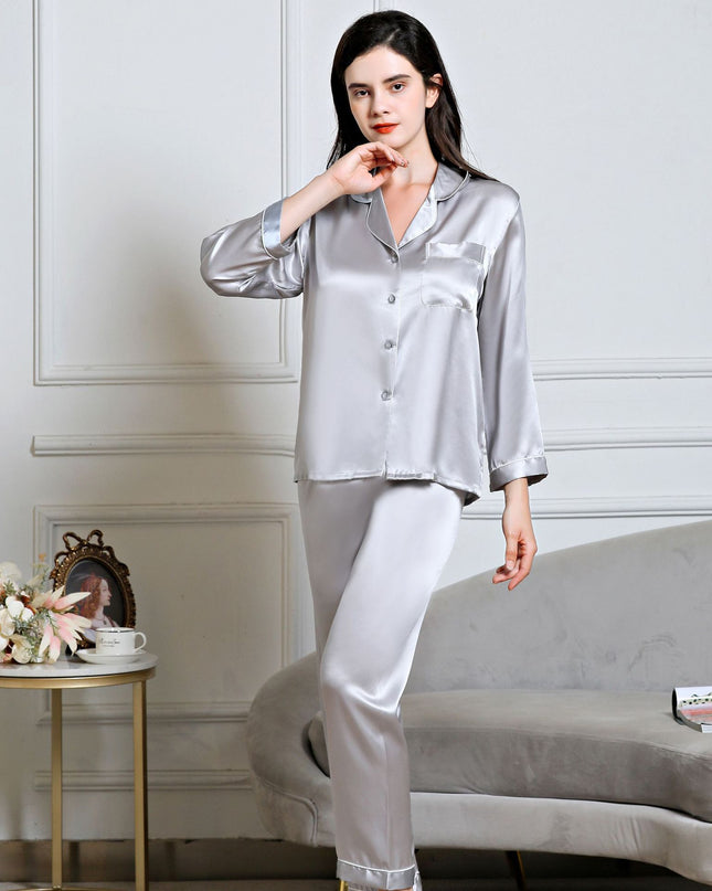 100% Silk Women's Fashion Silk Pajamas, Women's Long Sleeves & Pants Sets, Loose Sexy Home Wear