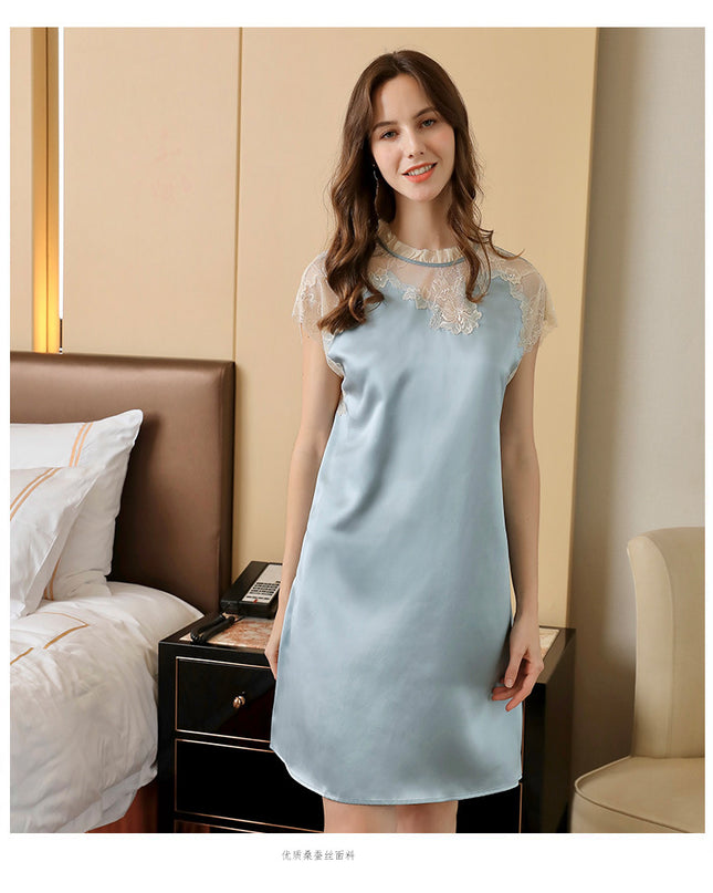 2023 HotSale 100% Mulberry Silk Women's Pajamas, Summer Sweet Lace Short Sleeve Dress