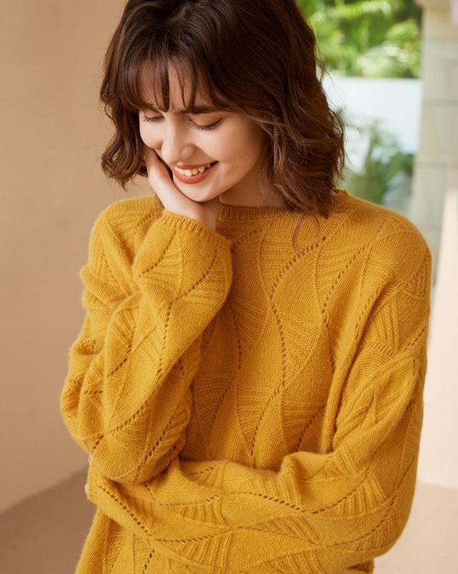 2023 Autumn Round Neck Leaves Hollowed Out Leaves Cashmere Sweater, Simple Mmedium-Long Pullover Sweater