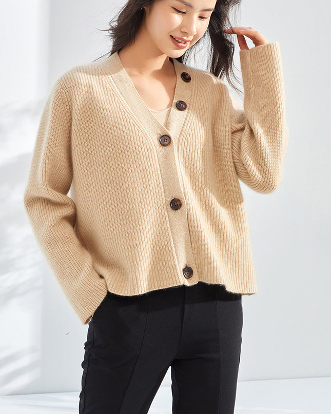 100% Pure Cashmere of Solid Color With Single-Breasted Sweater, Women V-Neck Cardigan ,Casual Thickened Knitted Loose Sweater