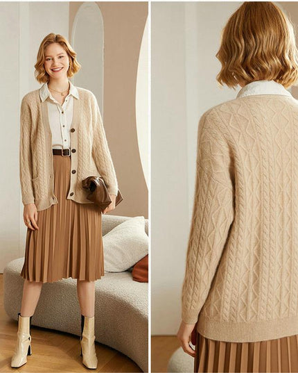 100%  Pure Light Luxury  Cashmere Cable V- Neck Cardigan, Women's Knitted Temperament Loose-Fitting  Outside Wear, Solid Color Daily Wear Sweater