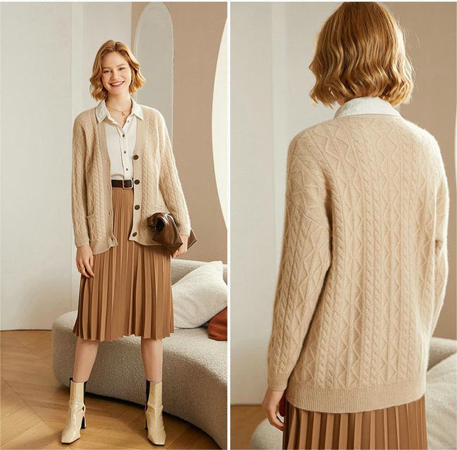 100%  Pure Light Luxury  Cashmere Cable V- Neck Cardigan, Women's Knitted Temperament Loose-Fitting  Outside Wear, Solid Color Daily Wear Sweater