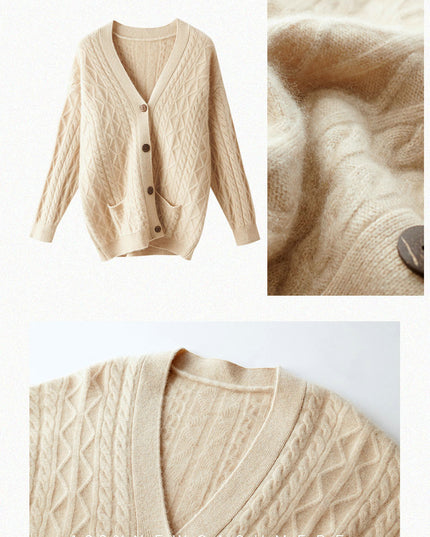 100%  Pure Light Luxury  Cashmere Cable V- Neck Cardigan, Women's Knitted Temperament Loose-Fitting  Outside Wear, Solid Color Daily Wear Sweater