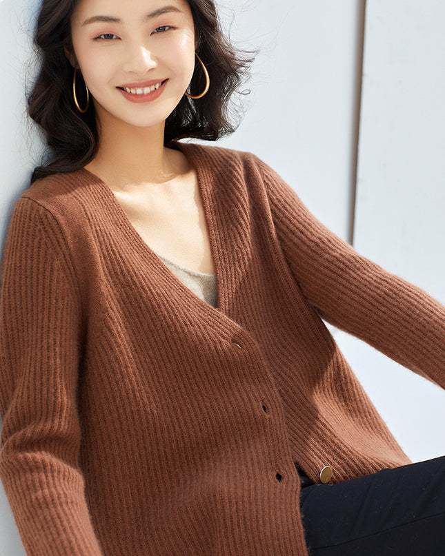 100% Pure Autumn  Generous  Cashmere Knitted Cardigan, Women's Long V-Neck Single-Breasted temperament,  Versatile Cashmere Sweater