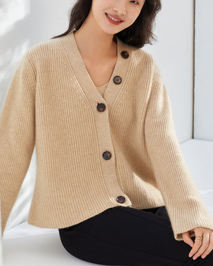 100% Pure Cashmere of Solid Color With Single-Breasted Sweater, Women V-Neck Cardigan ,Casual Thickened Knitted Loose Sweater