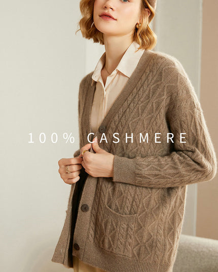 100%  Pure Light Luxury  Cashmere Cable V- Neck Cardigan, Women's Knitted Temperament Loose-Fitting  Outside Wear, Solid Color Daily Wear Sweater