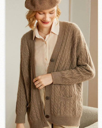 100%  Pure Light Luxury  Cashmere Cable V- Neck Cardigan, Women's Knitted Temperament Loose-Fitting  Outside Wear, Solid Color Daily Wear Sweater