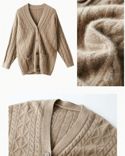 100%  Pure Light Luxury  Cashmere Cable V- Neck Cardigan, Women's Knitted Temperament Loose-Fitting  Outside Wear, Solid Color Daily Wear Sweater