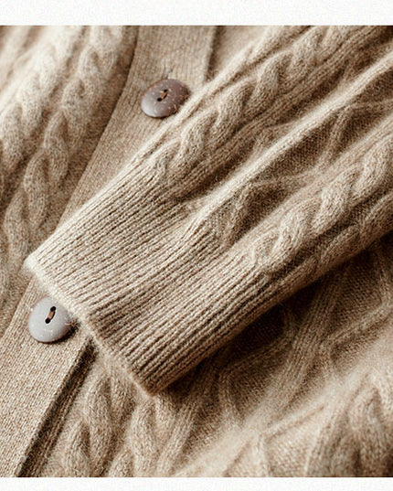 100%  Pure Light Luxury  Cashmere Cable V- Neck Cardigan, Women's Knitted Temperament Loose-Fitting  Outside Wear, Solid Color Daily Wear Sweater