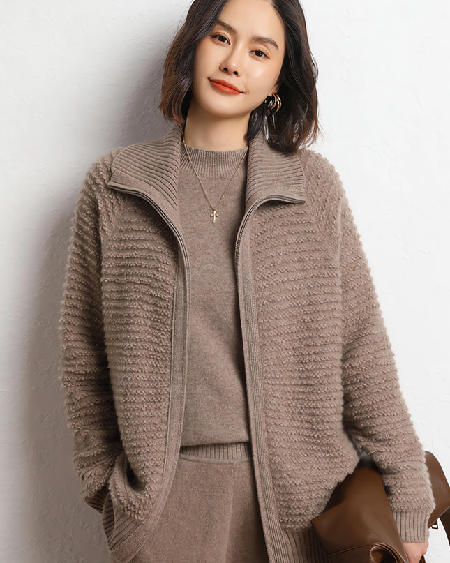 2023 New Autumn  Winter 100% Cashmere Women's Embroidered Stand Collar Zip Sweater,Solid color full zipper Cardigan,Thick Cardigan Sweater