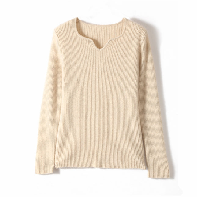 2023 Autumn Winter New Square V-neck Deep Rib 100% cashmere Sweater, low neck Slim knitwear Sweater