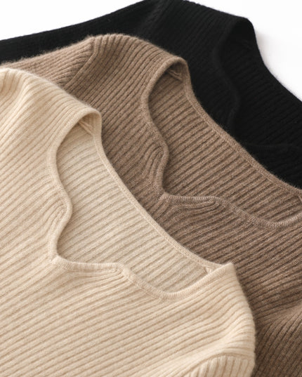 2023 Autumn Winter New Square V-neck Deep Rib 100% cashmere Sweater, low neck Slim knitwear Sweater