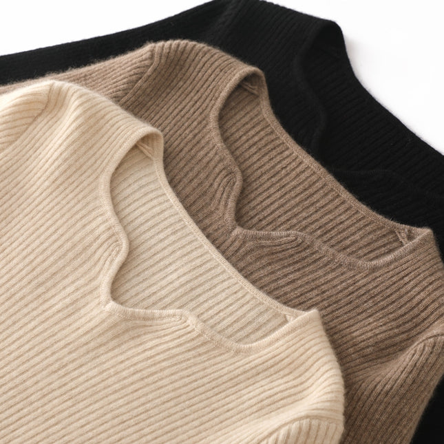 2023 Autumn Winter New Square V-neck Deep Rib 100% cashmere Sweater, low neck Slim knitwear Sweater