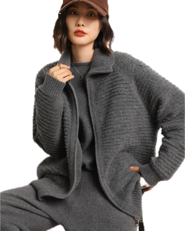 2023 New Autumn  Winter 100% Cashmere Women's Embroidered Stand Collar Zip Sweater,Solid color full zipper Cardigan,Thick Cardigan Sweater