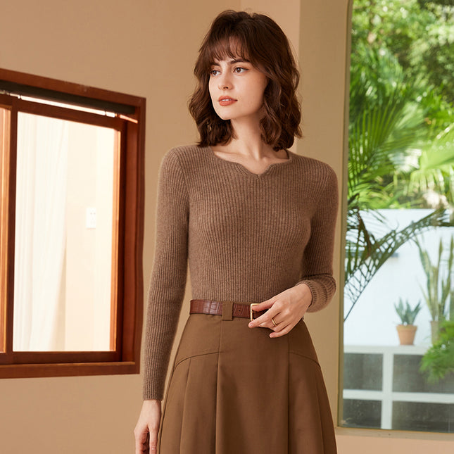 2023 Autumn Winter New Square V-neck Deep Rib 100% cashmere Sweater, low neck Slim knitwear Sweater