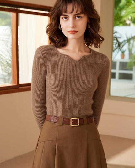 2023 Autumn Winter New Square V-neck Deep Rib 100% cashmere Sweater, low neck Slim knitwear Sweater