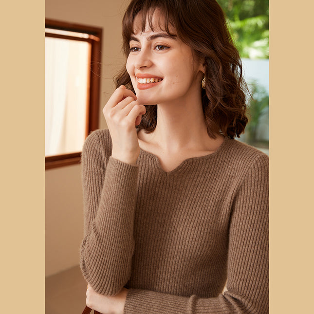 2023 Autumn Winter New Square V-neck Deep Rib 100% cashmere Sweater, low neck Slim knitwear Sweater