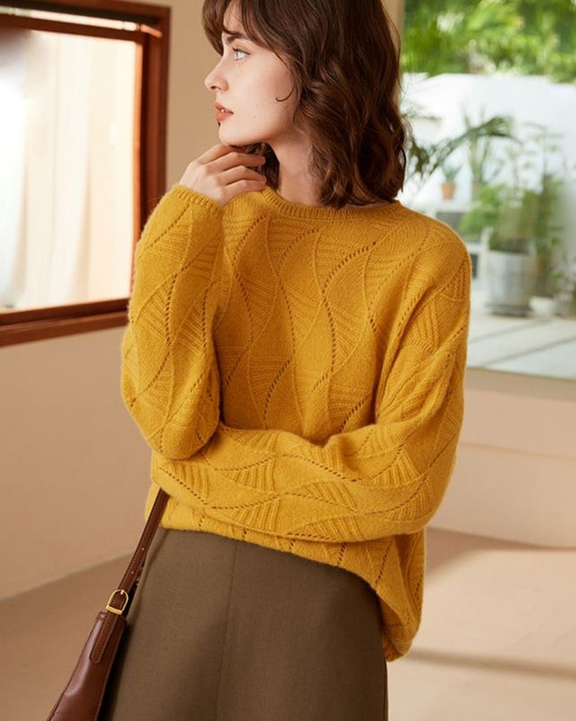 2023 Autumn Round Neck Leaves Hollowed Out Leaves Cashmere Sweater, Simple Mmedium-Long Pullover Sweater