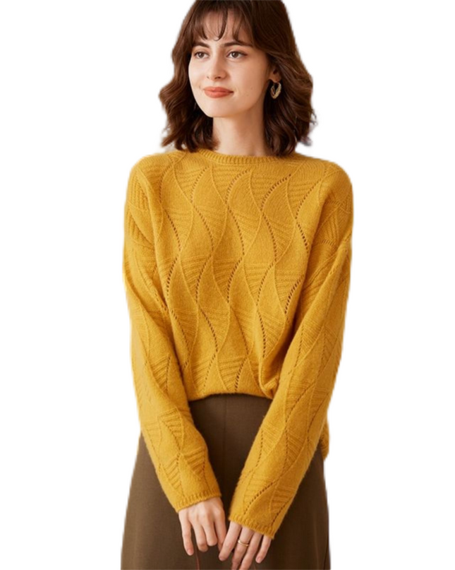 2023 Autumn Round Neck Leaves Hollowed Out Leaves Cashmere Sweater, Simple Mmedium-Long Pullover Sweater